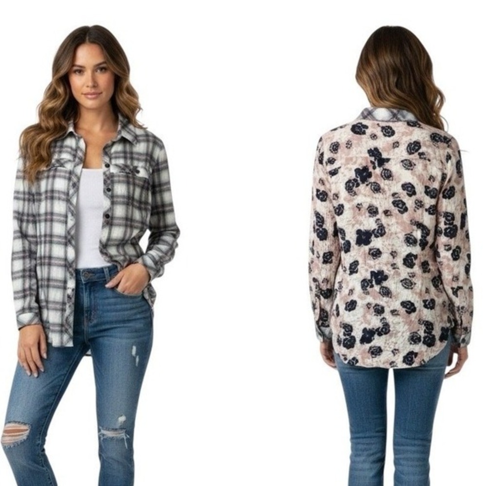 Cabi Floral Plaid Flannel Button‎ Down Womens M Pink White 100% Cotton Western